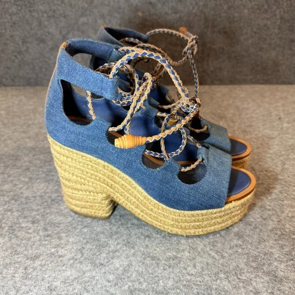 Tory Burch Espadrille Sandals 5.5 Positano Blue Canvas Platform Lace - Picture 2 of 8